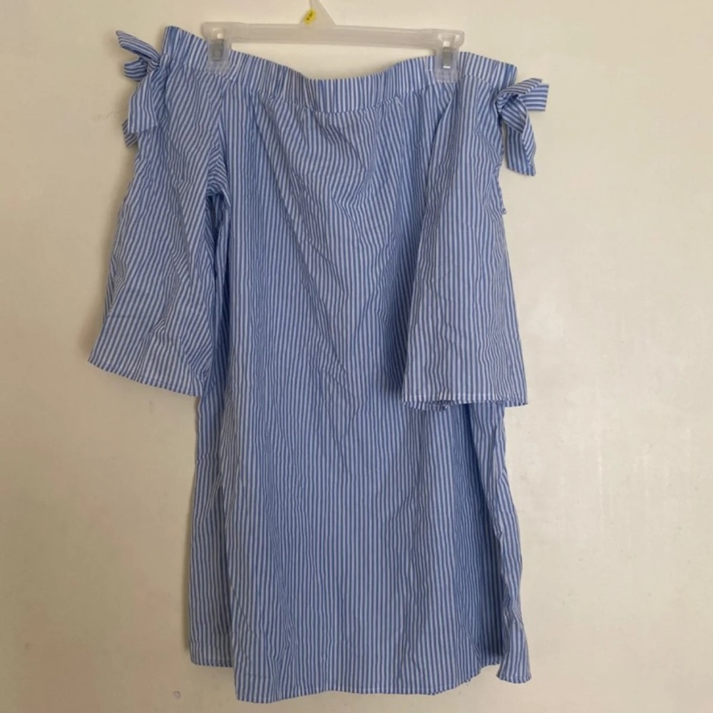 Blue and white striped off the shoulder dress